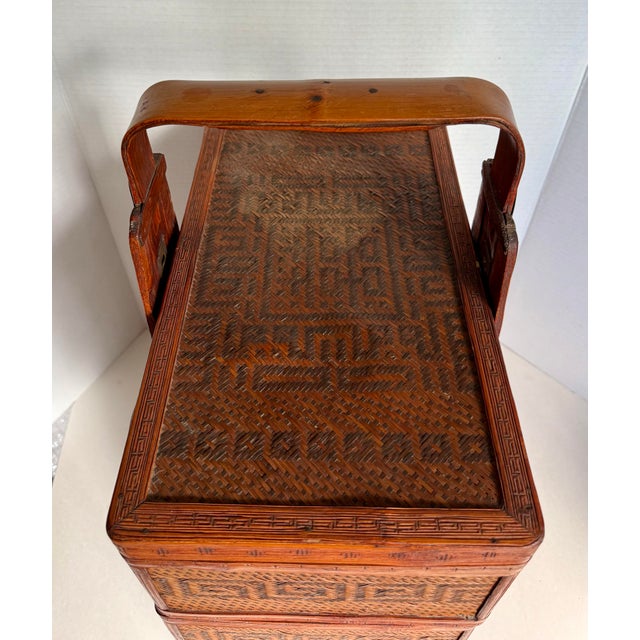 Vintage Chinese Wedding Basket With Carved Wood, Bamboo and Rattan For Sale - Image 4 of 12