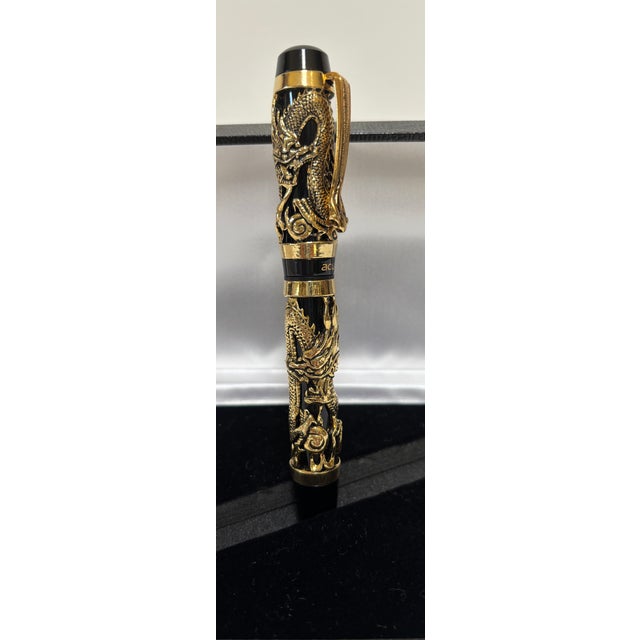 Dragon Motif Fountain Pen, Gold Overlay on Black, Acura, Mint in Box Circa 1990 For Sale - Image 11 of 18