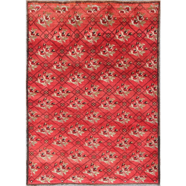 Textile Mid 20th Century Vintage Turkish Konya Rug in Regal Red and Black Latticework Pattern For Sale - Image 7 of 7
