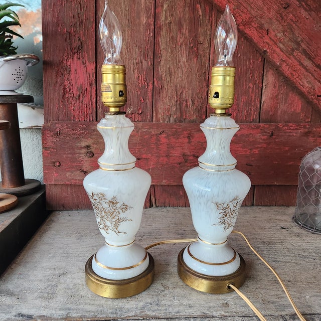 Vintage French Pair of Handcrafted White & Gold Floral Design Table Lamps 13" Tall For Sale - Image 18 of 18