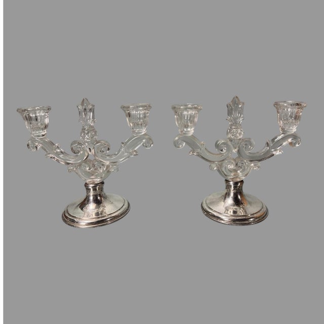 Mid 20th Century Pair of Mid 20th Century Hawkes Sterling Silver & Ornate Glass 2-Light Candelabras For Sale - Image 5 of 10