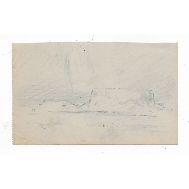 Graphite drawing of a butte (maybe a mesa) in the American West by Eliot Clark (1883-1980). Drawn plein air and initialed...