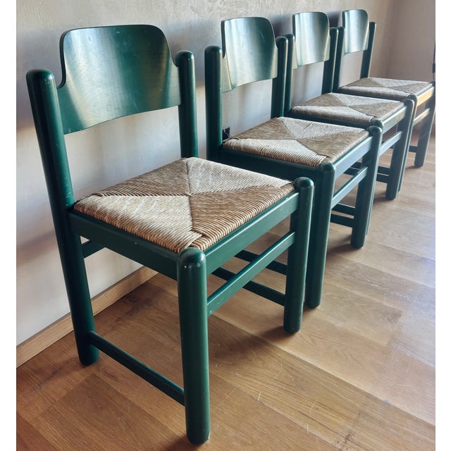 1970s Mid Century Green Padova Chairs With Striated Woven Rush Seats Attributed to Hank Lowenstein For Sale In San Diego - Image 6 of 15