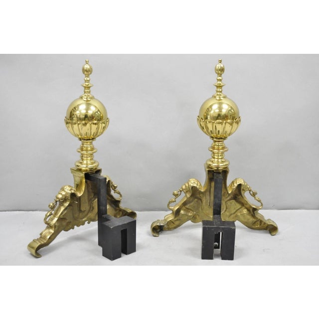 Mid 20th Century French Empire Renaissance Brass Lion Coat of Arms Cannonball Andirons - A Pair For Sale - Image 12 of 14