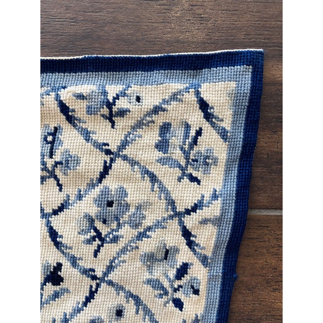 1980s Vintage Large Blue and White Needlepoint on Cream Background Textile For Sale - Image 5 of 8