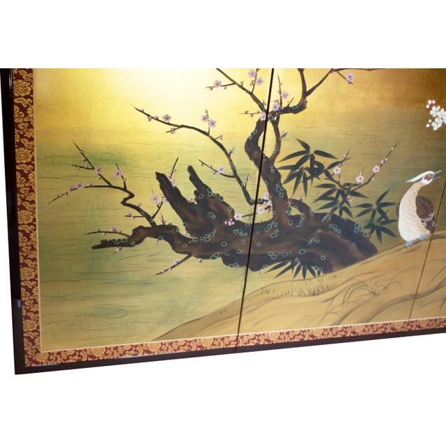 "Cherry Blossoms and Golden Birds" by Ransetsu, Heisei Era Japanese Byobu Screen For Sale In Dallas - Image 6 of 18