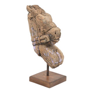 Antique Indian Carved Teakwood Horse Head Corbel on Stand For Sale