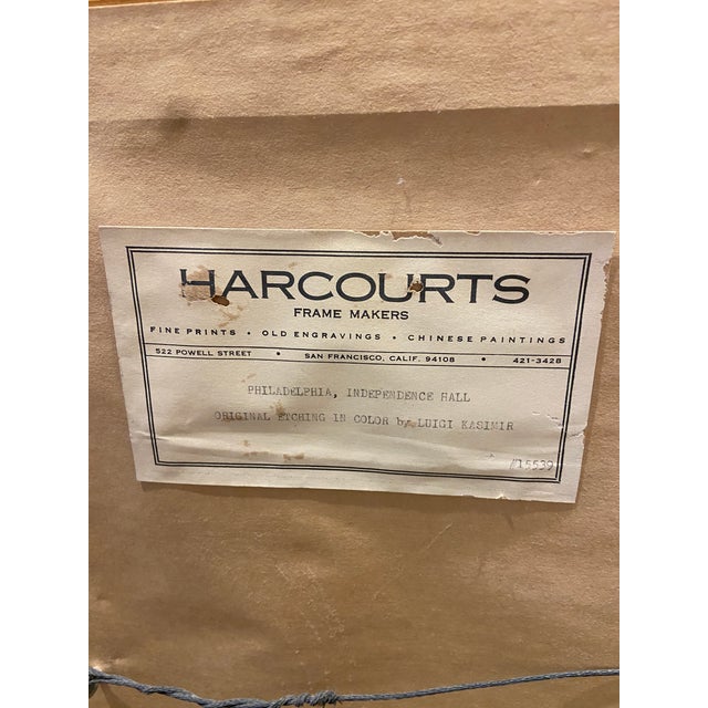 Wood 1920s Philadelphia's Independence Hall Original Etching in Color, Framed For Sale - Image 7 of 7