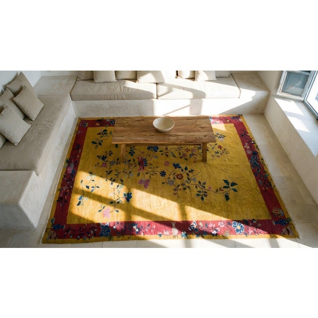 1920s Canary Yellow Floral Sprays Antique Chinese Art Deco Carpet 6'2" X 8'8" Knotted Wool Rug For Sale - Image 10 of 12