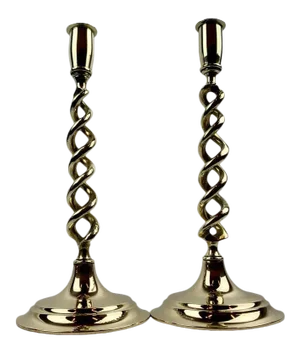 A Pair of Solid Brass Open Barley Twist Candlesticks With Round Bases -England, 19th C., 12"