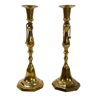 Vintage Brass Rope and Tassel Candlestick Holders, Pair For Sale