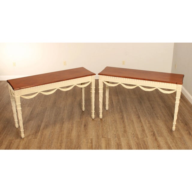 High Quality American Made Pair of Painted and Carved Cherry Consoles, Swag Decorations, Crackle Painted Finish