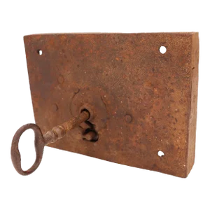 18th Century Large Baroque Wrought Iron Door Lock With Key From a Church, Portuguese