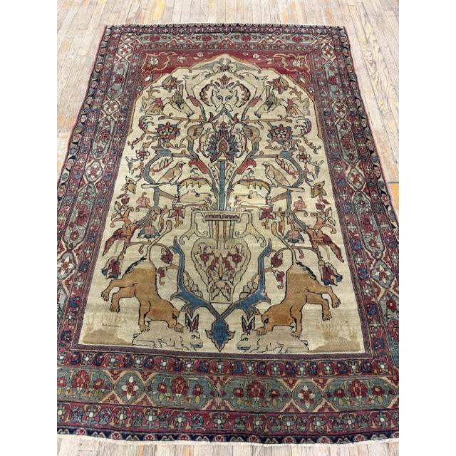 Mid 19th Century Mid Century Cream Traditional Luxury Pictorial Animal Antique Kerman Silk Rug For Sale - Image 5 of 8