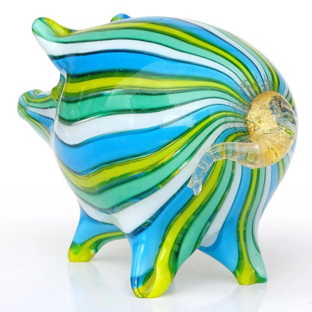 Mid 20th Century Vintage Murano Fratelli Toso Blue Green White Yellow Stripes Gold Flecks Italian Art Glass Pig Figurine Sculpture For Sale - Image 5 of 10