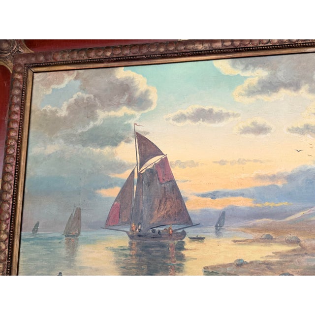 Signed 1920 Antique Maritime Sailboat Oil Painting in Ornate Painted Frame For Sale - Image 16 of 18
