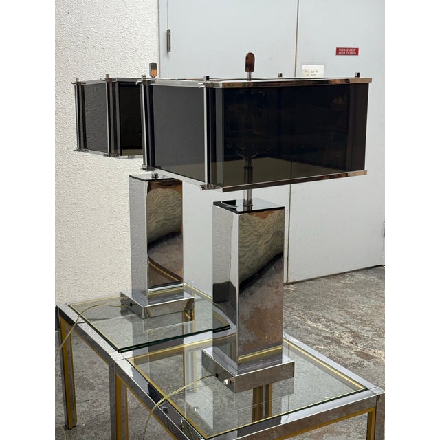 1970s Charles Hollis Jones Modern Chrome + Smoked Acrylic Table Lamps, Circa 1970's For Sale - Image 5 of 12