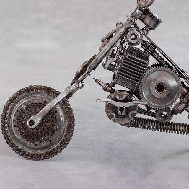 New Handcrafted Recycled Metal Motorbike Sculpture | 37" X 23" | One of a Kind For Sale - Image 4 of 10