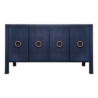Matthew Izzo Home Rue Navy Blue Linen Four Door Buffet With Brass Circle Door Pulls For Sale