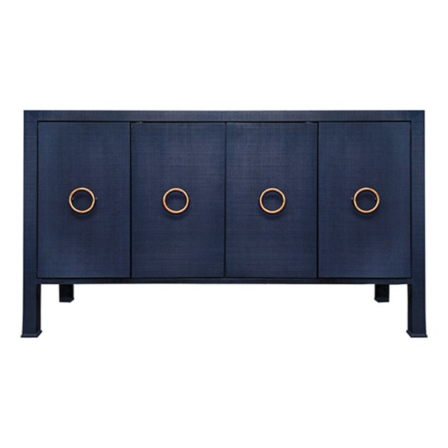 Matthew Izzo Home Rue Navy Blue Linen Four Door Buffet With Brass Circle Door Pulls For Sale