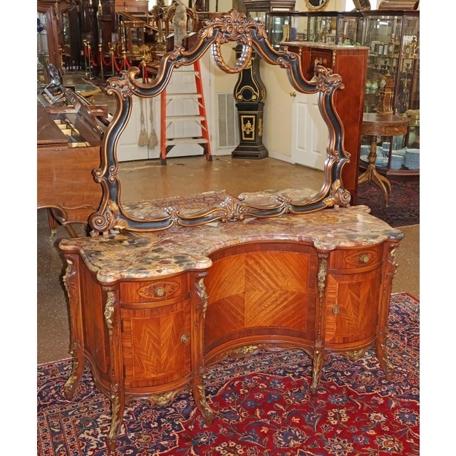 French 1920's French Style Marble Top Inlaid Walnut Vanity With Later Companion Mirror For Sale - Image 3 of 15