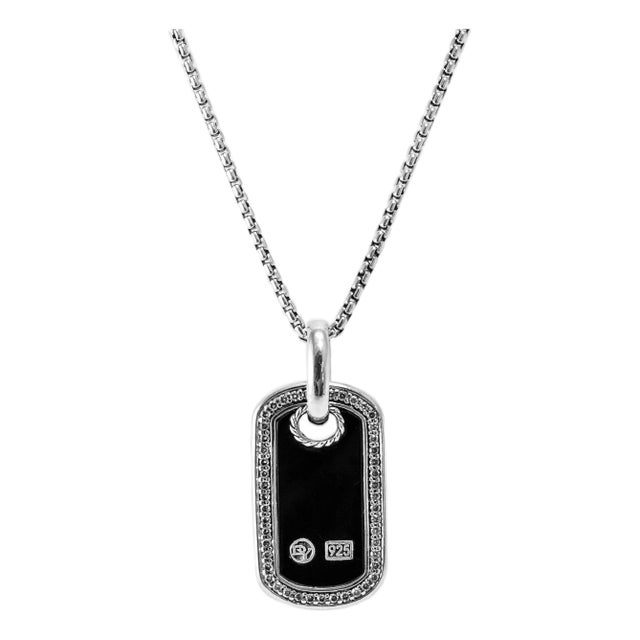 David Yurman 925 Sterling Silver Black Onyx Diamond Dog Tag Pendant Necklace For Sale