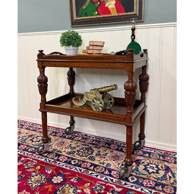 Antique English Trolley Tea Cart Pastry Cocktail Bar Cart Tray Tudor Oak 1930s 2 For Sale - Image 13 of 18