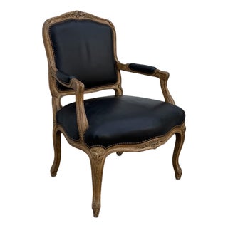 Vintage Louis XV French Carved Wood Fauteuil Armchair With Black Upholstery For Sale
