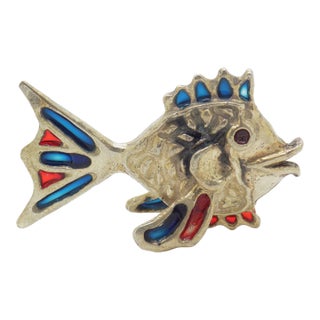 Vintage Italian Handmade Genuine Silver Fish Figurine From Arezzo, 1970s Solid 800 Silver and Colored Plastic Good Luck Talisman Sculpture For Sale