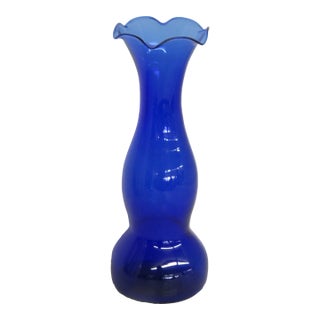 Cobalt Blue Vase Curved With Ruffled Edge Vintage Decorative Art Glass 4743b For Sale