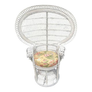 1970s Emmanuel Peacock Throne Chair, White Wicker With Cushion For Sale