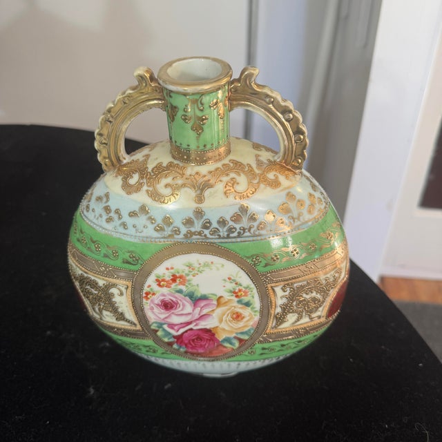 Rococo Antique French Porcelain Hand-Painted Pilgrim Flask Vase With Raised Gold Filigree & Roses For Sale - Image 3 of 10