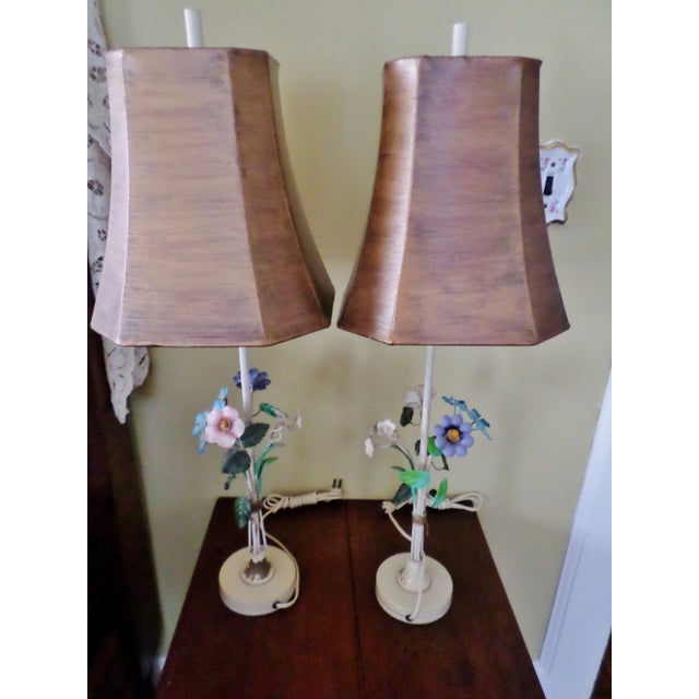1940s Italian Regency Tole Floral Table Lamps With Shades - a Pair For Sale - Image 4 of 13