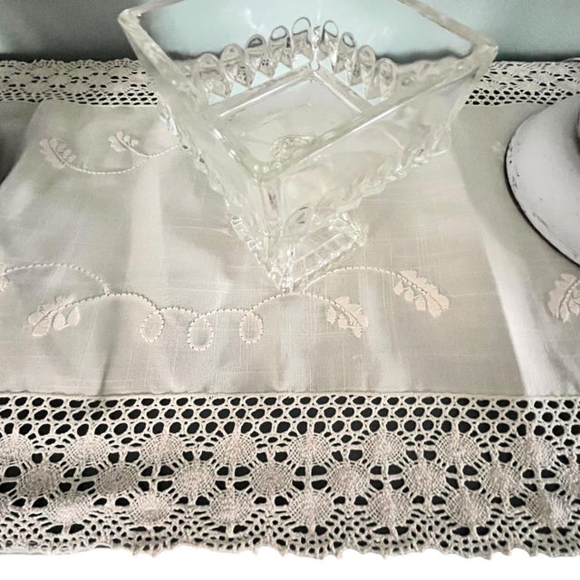 70" X 16 Vintage Crochet Table Runner Ecru Embroidered Farmhouse Traditional Primitive Grandmacore Linen For Sale - Image 4 of 7