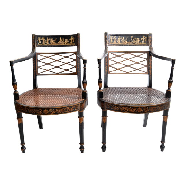 Pair of Regency Ebonized and Gilded Antique Armchairs With Hand Woven Cane Seats For Sale