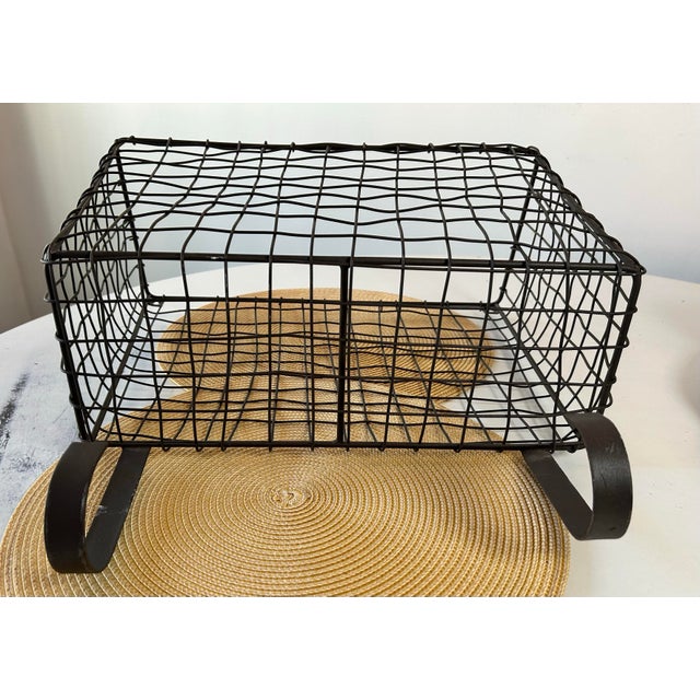 Early 1900's large rustic French wall hanging crimped wire wall basket with 2 metal hooks on the bottom. Great for storing...