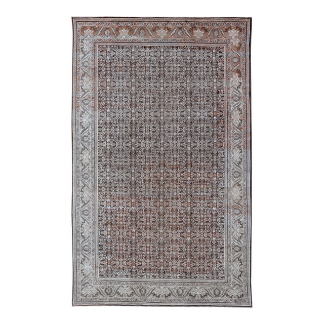Antique Mahal Persian Carpet With All-Over Herati Design in Ivory, Gray & Brown 10'4 X 17'3 For Sale