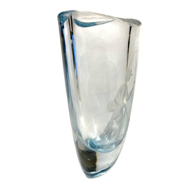Glass Mid-Century Signed Swedish Strömbergshyttan Engraved Crystal Vase With Fisherman Motif For Sale - Image 7 of 10