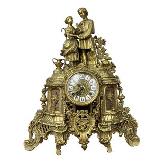 Vintage French Brass Ornate Romantic Couple Mantel Clock For Sale