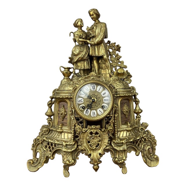 Vintage French Brass Ornate Romantic Couple Mantel Clock For Sale