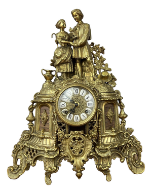 Vintage French Brass Ornate Romantic Couple Mantel Clock