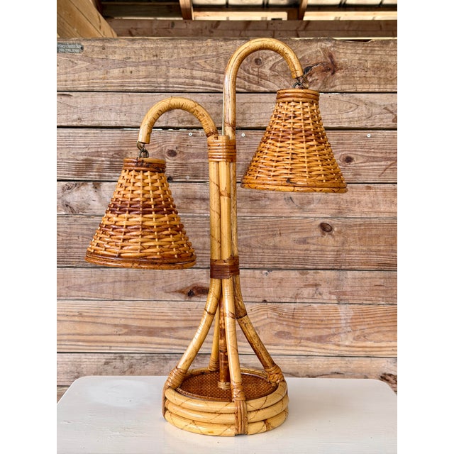 Mid-20th Century French Boho Double Rattan Table Lamp Manner of Louis Sognot For Sale - Image 12 of 12