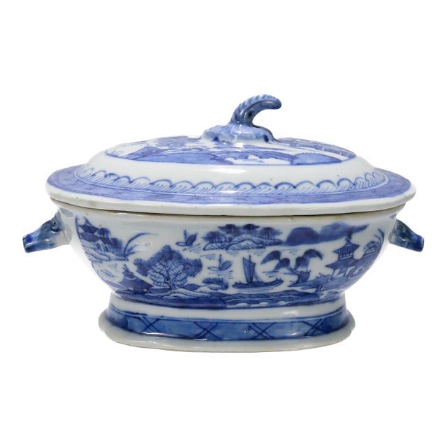 Antique Blue & White Canton Chinese Export Porcelain Miniature Sauce Tureen For Sale