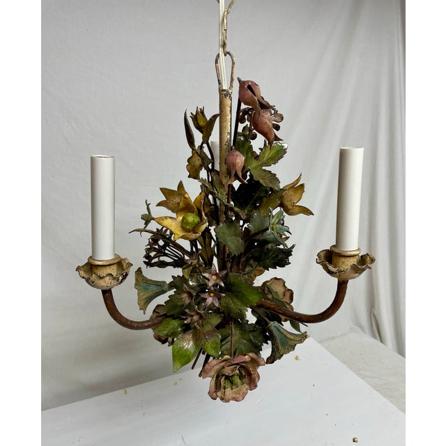 Cream Vintage Italian Tole Floral Bouquet Chandelier For Sale - Image 8 of 12