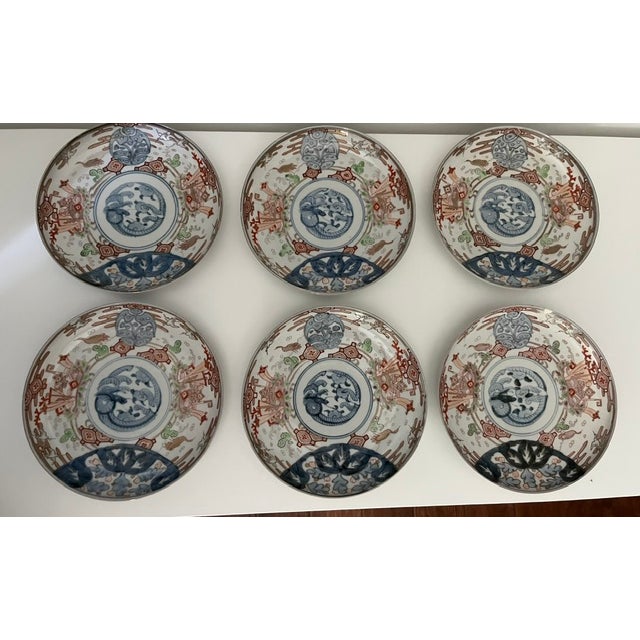 Metal Antique Colored Japanese Plates - 6 - Blue & White, Burgundy, Light Green and Gold For Sale - Image 7 of 18