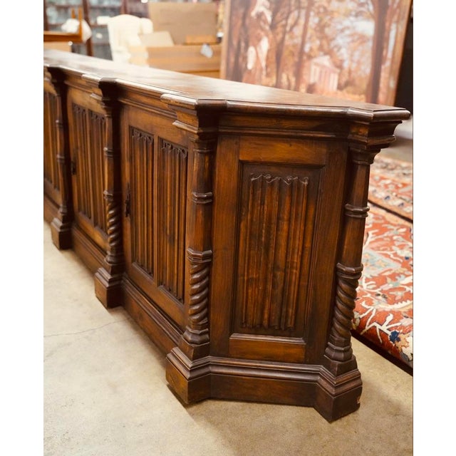 Monumental Spanish Revival Fruitwood Sideboard Credenza – 10 Ft Architectural Statement, Barley Twist Columns, 1920s–40s For Sale - Image 4 of 10