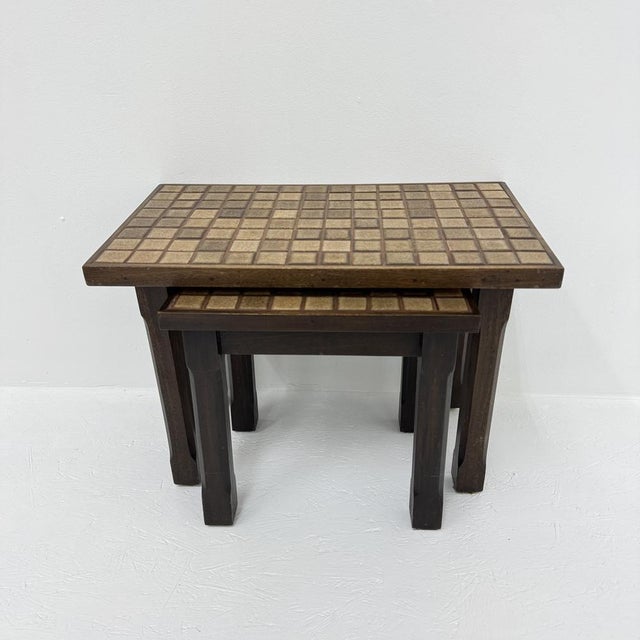 Brutalist Vintage Brutalist Nesting Tables in Oak with Tile Top, 1970s, Set of 2 For Sale - Image 3 of 18