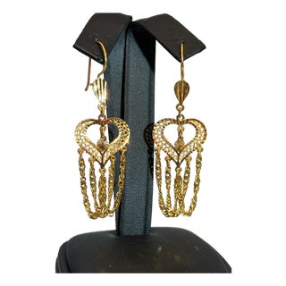 Vintage 21 Kt Yellow Gold 7.5 Gm Heart Dangling Earrings, 2.6 Inch Long For Sale