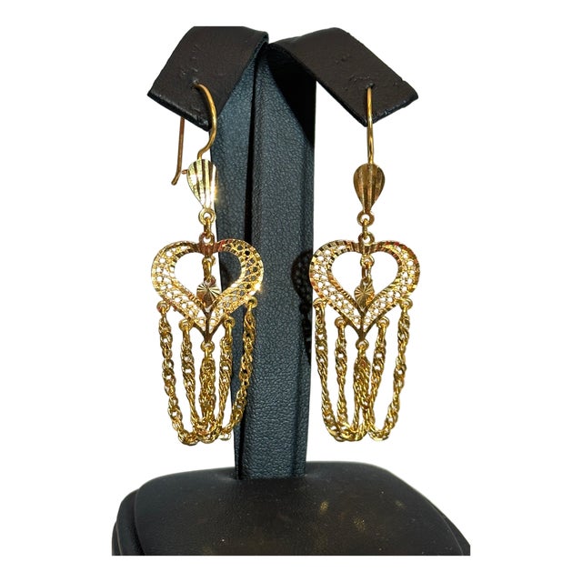 Vintage 21 Kt Yellow Gold 7.5 Gm Heart Dangling Earrings, 2.6 Inch Long For Sale