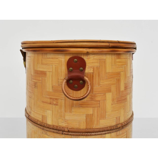 Italian Closed Rattan Basket with Leather Details, 1973 For Sale - Image 6 of 9